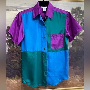 Robert Stock 100% Silk Colorblock Button-Up Shirt Size S 7/8